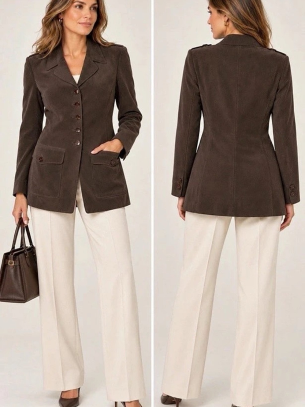 Dana Buchman Blazer Womens 4 100% Silk Brown Long Jacket Y2K Tailored Vintage